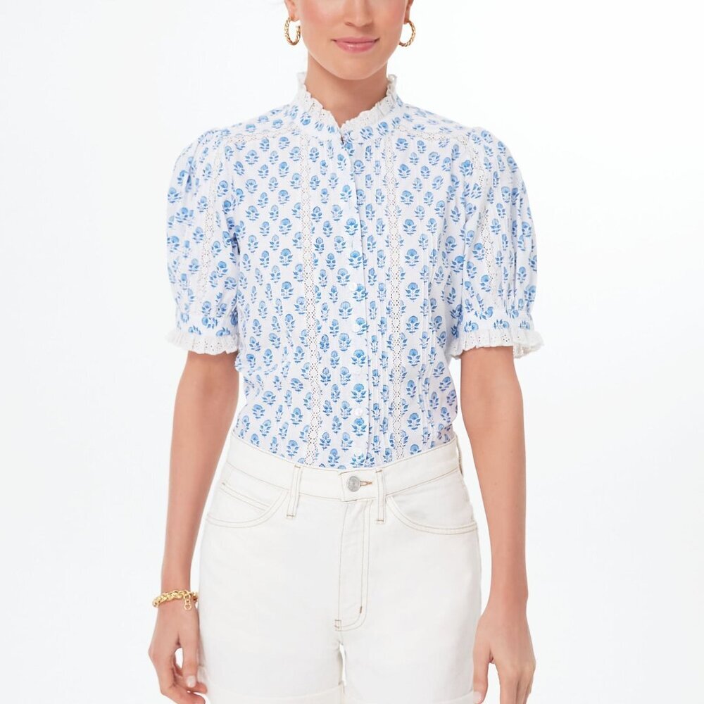 TUCKRENUCK PINK CITY PRINTS SKY BUTA VERA BUTTON FRONT EYELET BLOUSE SIZE SMALL